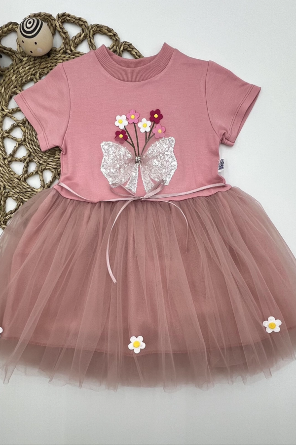 1-2-3 Yaş Tül Fiyonk Çiçekler Nakışlı Astarlı Kız Bebek Tütü Elbisesi Pudra