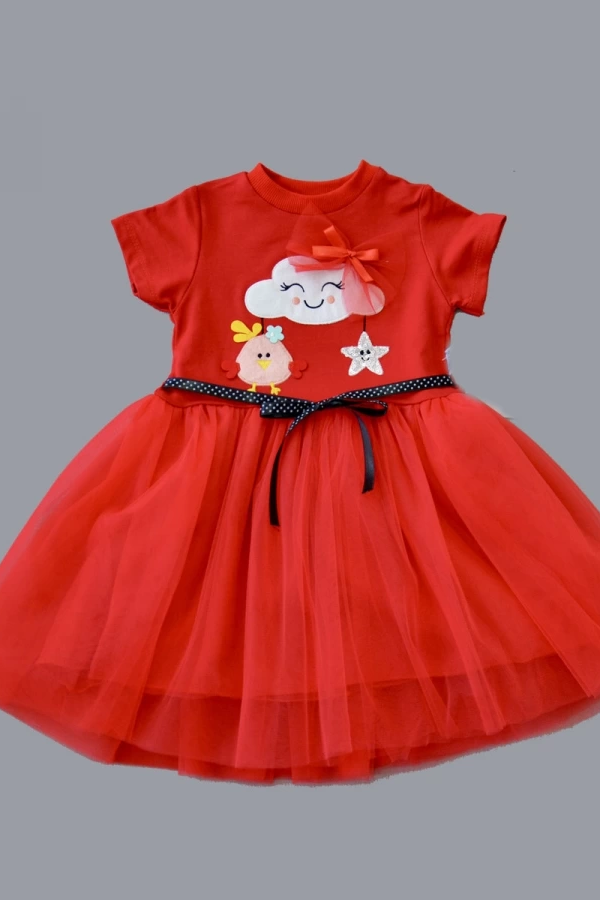 1-2-3 Yaş Tül Tokalı Bulut Civciv Ve Yıldız Nakışlı Kız Bebek Elbisesi Kırmızı