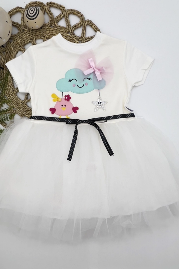 1-2-3 Yaş Tül Tokalı Bulut Civciv Ve Yıldız Nakışlı Kız Bebek Elbisesi Beyaz