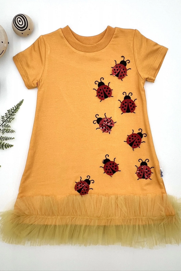 1-2-3 Yaş Uğur Böceği Nakışlı Fırfır Uçlu Kız Çocuk Jile Elbisesi Turuncu