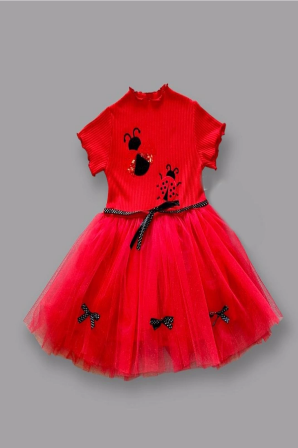 1-2-3 Yaş Uğur Böceği Nakışlı Kurdela Kuşak Kız Çocuk Elbisesi Kırmızı