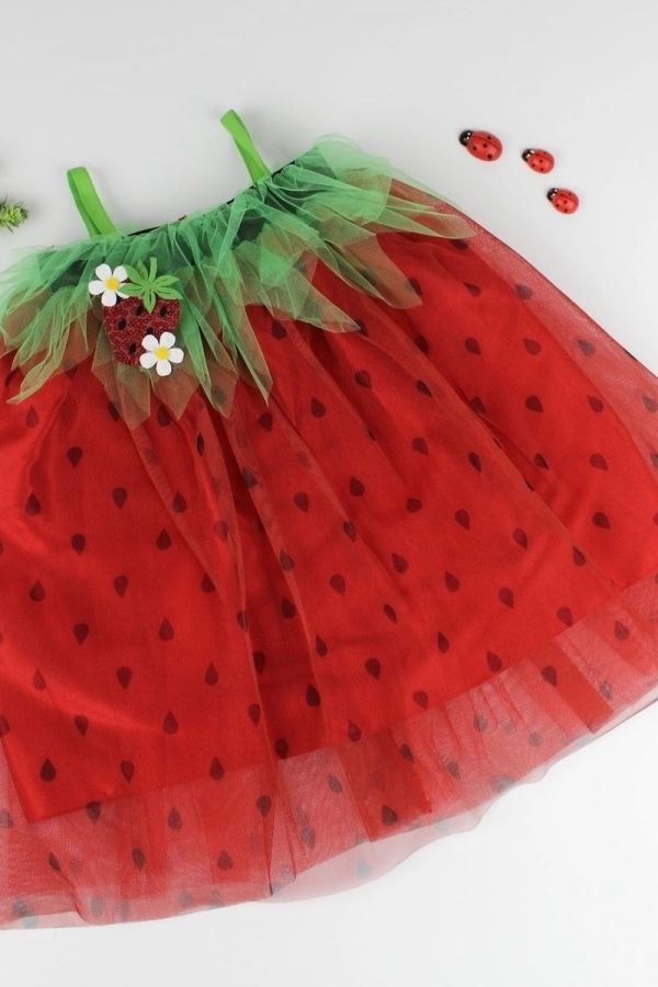 2-3-4 Yaş Askılı Çilek Kostüm Kız Çocuk Elbise Kırmızı