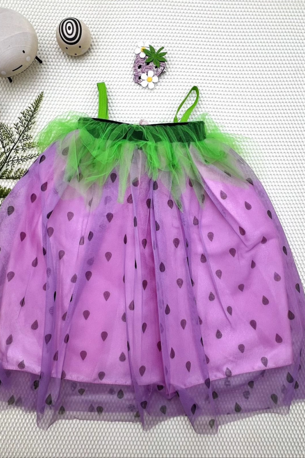 2-3-4 Yaş Askılı Çilek Kostüm Kız Çocuk Elbise Mor