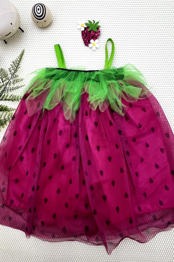 2-3-4 Yaş Askılı Çilek Kostüm Kız Çocuk Elbise Fuşya