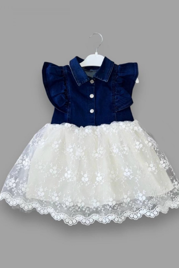 2-3-4 Yaş Astarlı Brode Etekli Kot Kumaş Düğmeli Kız Çocuk Elbisesi Mavi