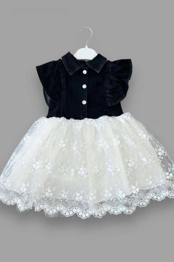 2-3-4 Yaş Astarlı Brode Etekli Kot Kumaş Düğmeli Kız Çocuk Elbisesi Siyah