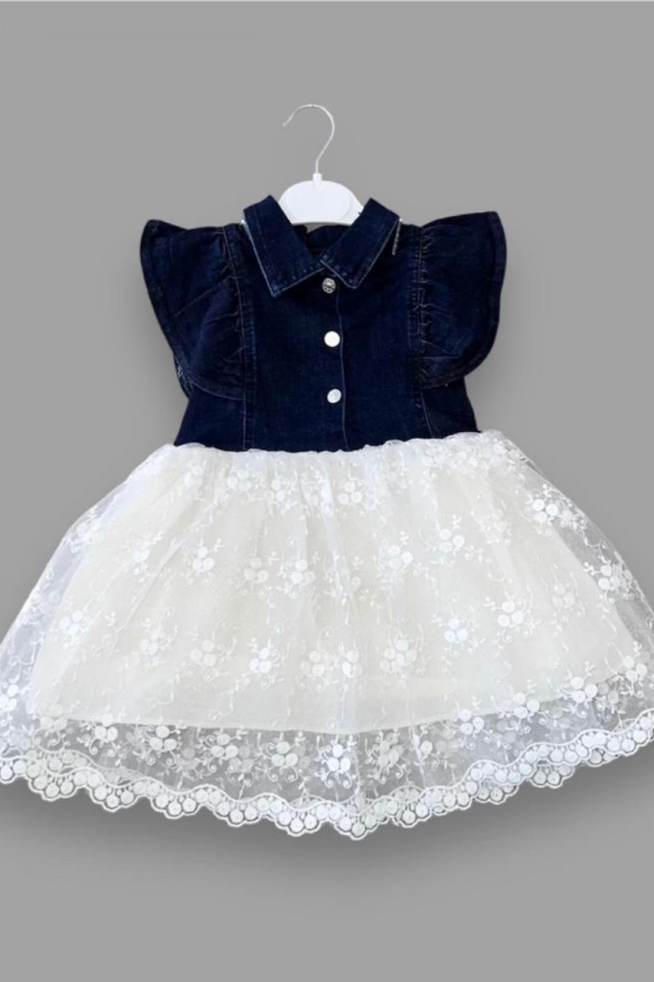 2-3-4 Yaş Astarlı Brode Etekli Kot Kumaş Düğmeli Kız Çocuk Elbisesi Lacivert