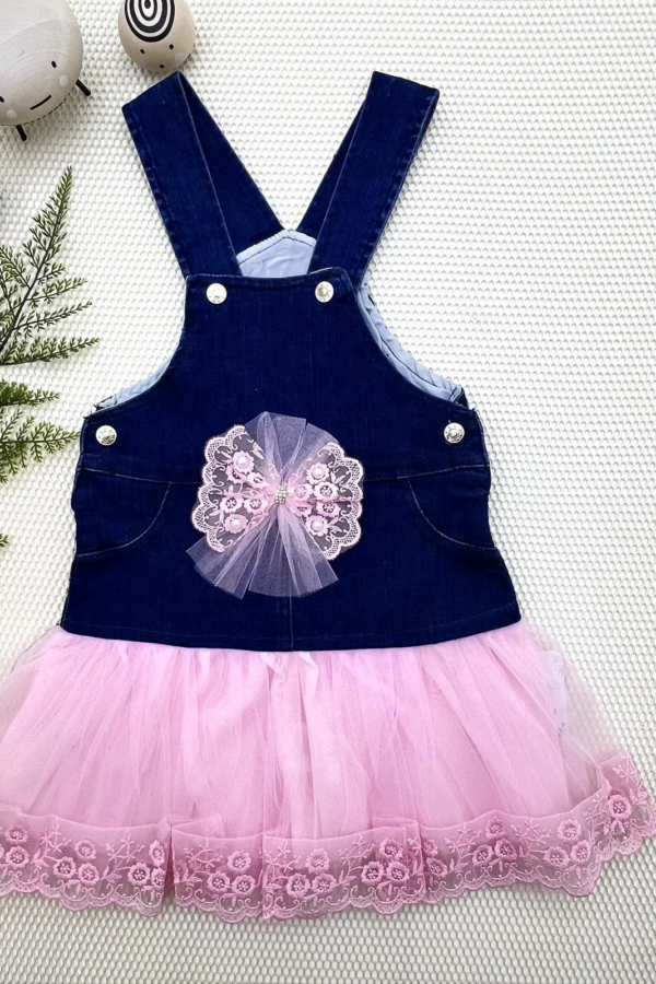2-3-4 Yaş Fiyonklu Düğme Detaylı Tül Etek Kot Kumaş Salopet Kız Çocuk Elbisesi Lacivert-pembe