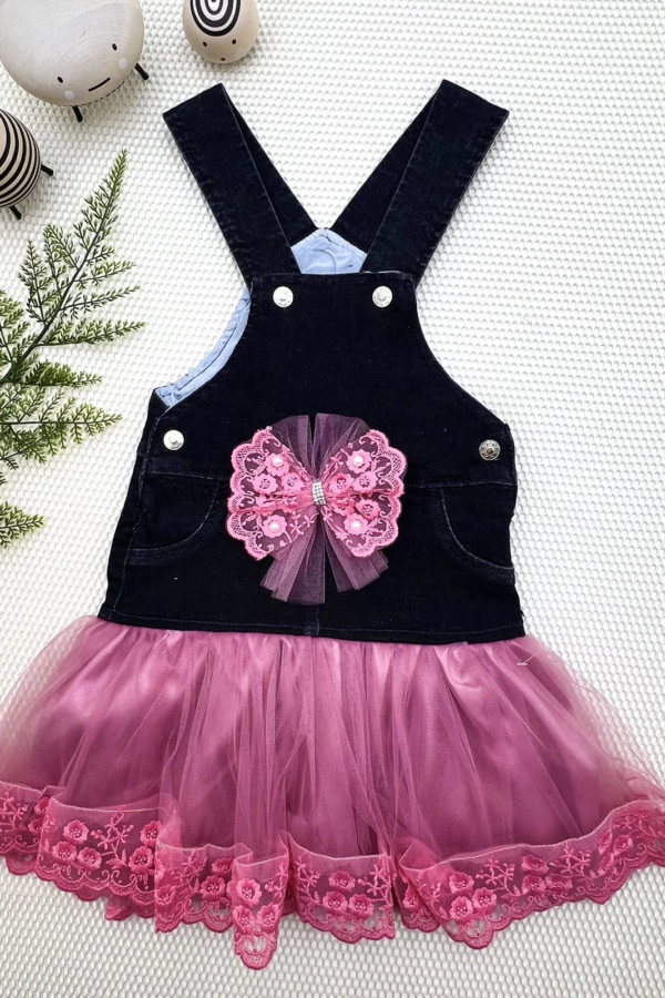 2-3-4 Yaş Fiyonklu Düğme Detaylı Tül Etek Kot Kumaş Salopet Kız Çocuk Elbisesi Siyah-gül Kurusu