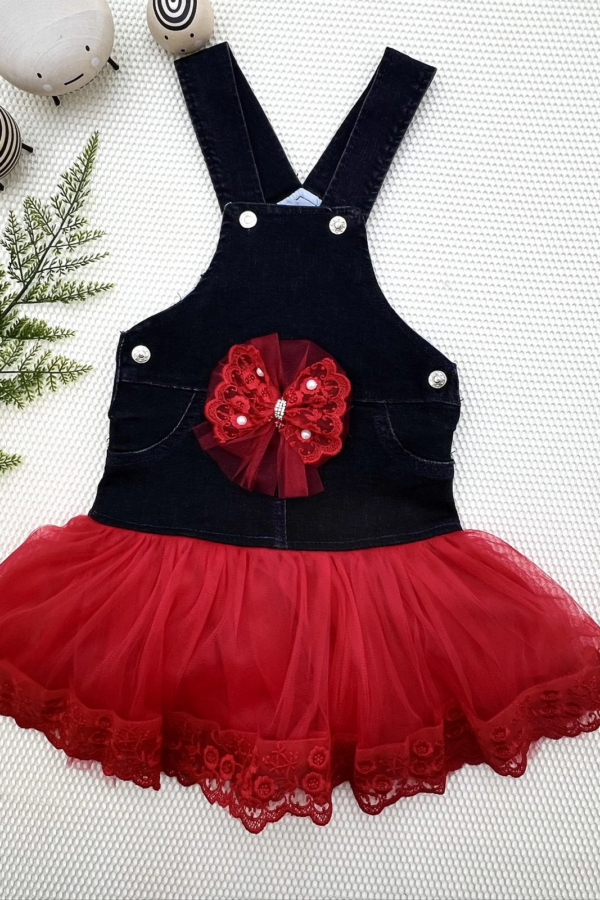 2-3-4 Yaş Fiyonklu Düğme Detaylı Tül Etek Kot Kumaş Salopet Kız Çocuk Elbisesi Siyah-kırmızı