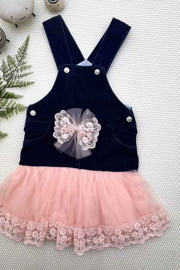 2-3-4 Yaş Fiyonklu Düğme Detaylı Tül Etek Kot Kumaş Salopet Kız Çocuk Elbisesi Lacivert-pudra