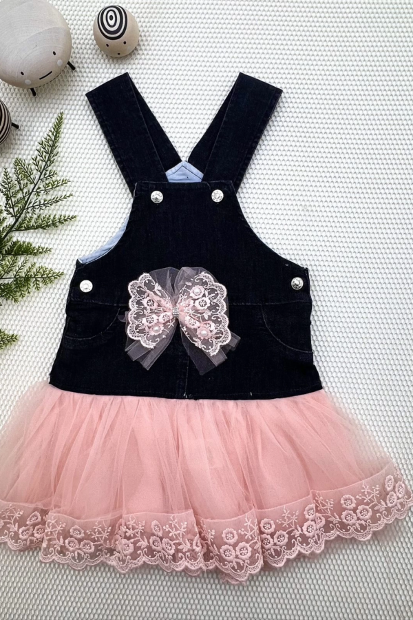 2-3-4 Yaş Fiyonklu Düğme Detaylı Tül Etek Kot Kumaş Salopet Kız Çocuk Elbisesi Siyah-pudra
