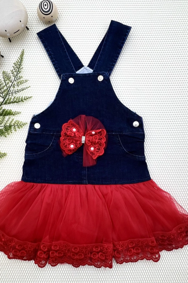 2-3-4 Yaş Fiyonklu Düğme Detaylı Tül Etek Kot Kumaş Salopet Kız Çocuk Elbisesi Lacivert-kırmızı