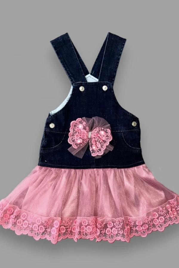 2-3-4 Yaş Fiyonklu Düğme Detaylı Tül Etek Kot Kumaş Salopet Kız Çocuk Elbisesi Lacivert-gül Kurusu