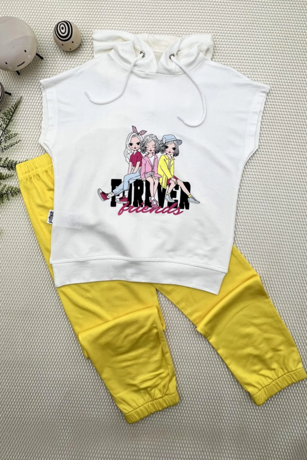 3-4-5 Yaş Forever Cici Kızlar Baskılı Kapşonlu 2li Kız Çocuk Takımı Sarı