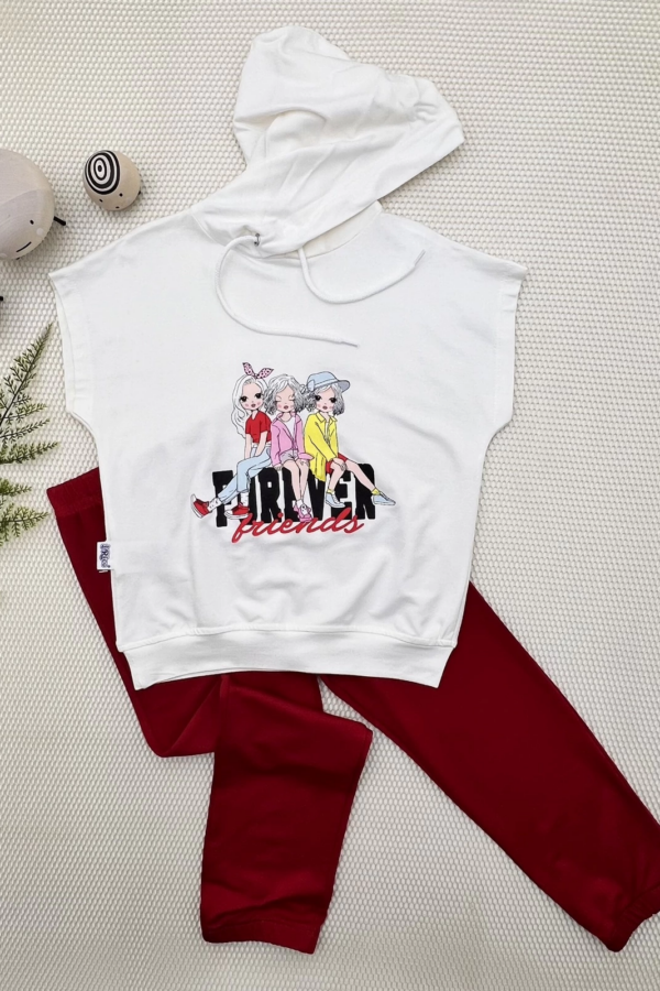 3-4-5 Yaş Forever Cici Kızlar Baskılı Kapşonlu 2li Kız Çocuk Takımı Kırmızı