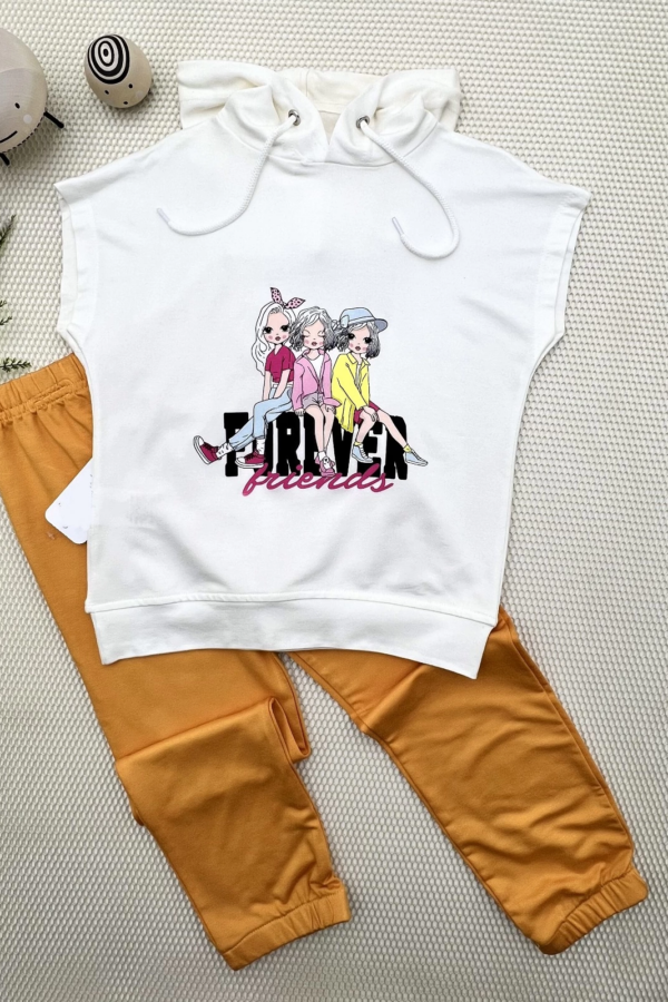 3-4-5 Yaş Forever Cici Kızlar Baskılı Kapşonlu 2li Kız Çocuk Takımı Turuncu