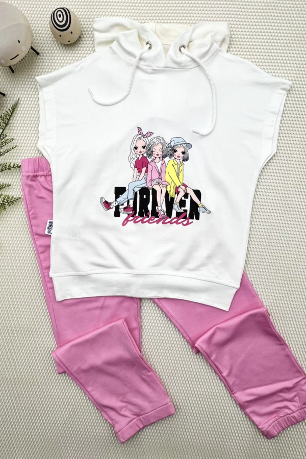 3-4-5 Yaş Forever Cici Kızlar Baskılı Kapşonlu 2li Kız Çocuk Takımı Pembe