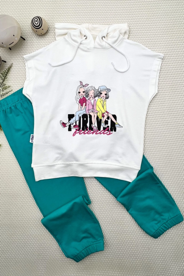 3-4-5 Yaş Forever Cici Kızlar Baskılı Kapşonlu 2li Kız Çocuk Takımı Turkuaz