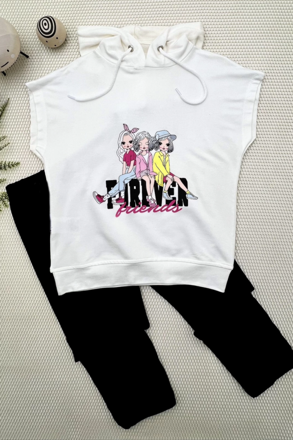 3-4-5 Yaş Forever Cici Kızlar Baskılı Kapşonlu 2li Kız Çocuk Takımı Lacivert