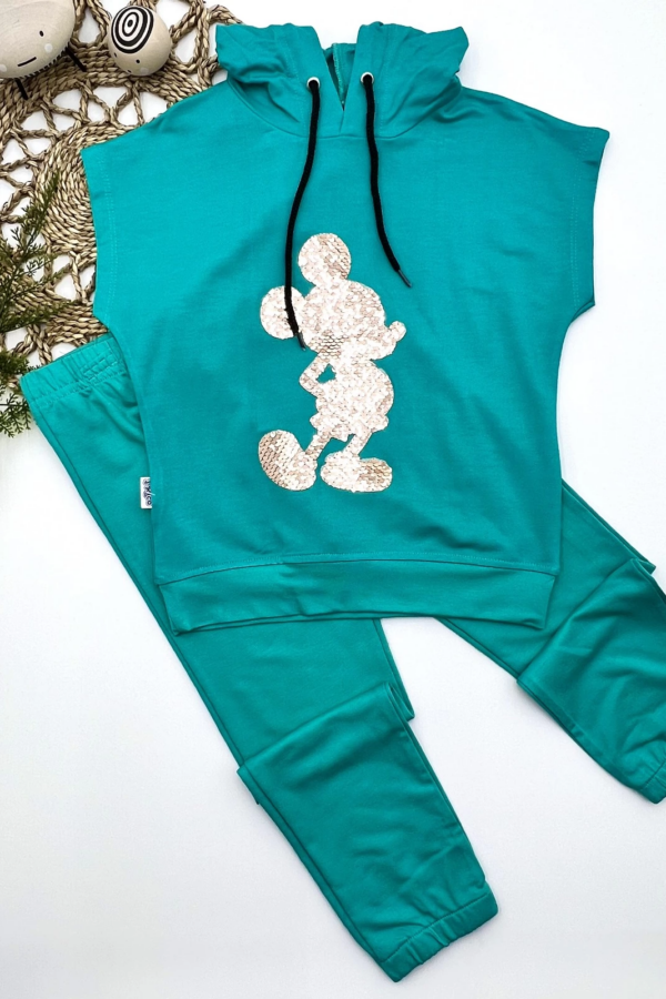 3-4-5 Yaş Kapşonlu Payetli Mickey Desenli Kısa Kol 2li Kız Erkek Çocuk Takımı Turkuaz