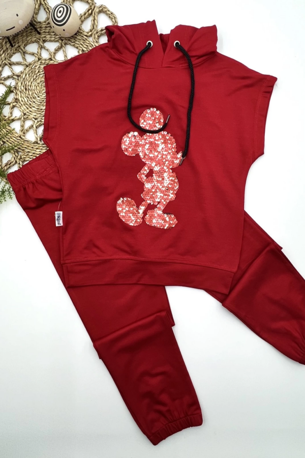 3-4-5 Yaş Kapşonlu Payetli Mickey Desenli Kısa Kol 2li Kız Erkek Çocuk Takımı Kırmızı