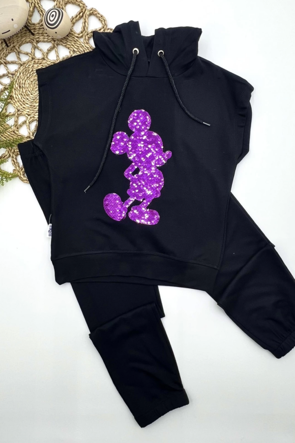 3-4-5 Yaş Kapşonlu Payetli Mickey Desenli Kısa Kol 2li Kız Erkek Çocuk Takımı Siyah