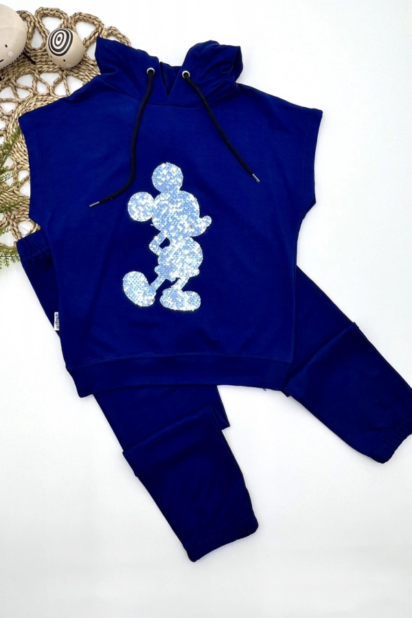 3-4-5 Yaş Kapşonlu Payetli Mickey Desenli Kısa Kol 2li Kız Erkek Çocuk Takımı Lacivert