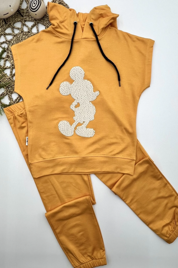 3-4-5 Yaş Kapşonlu Payetli Mickey Desenli Kısa Kol 2li Kız Erkek Çocuk Takımı Sarı