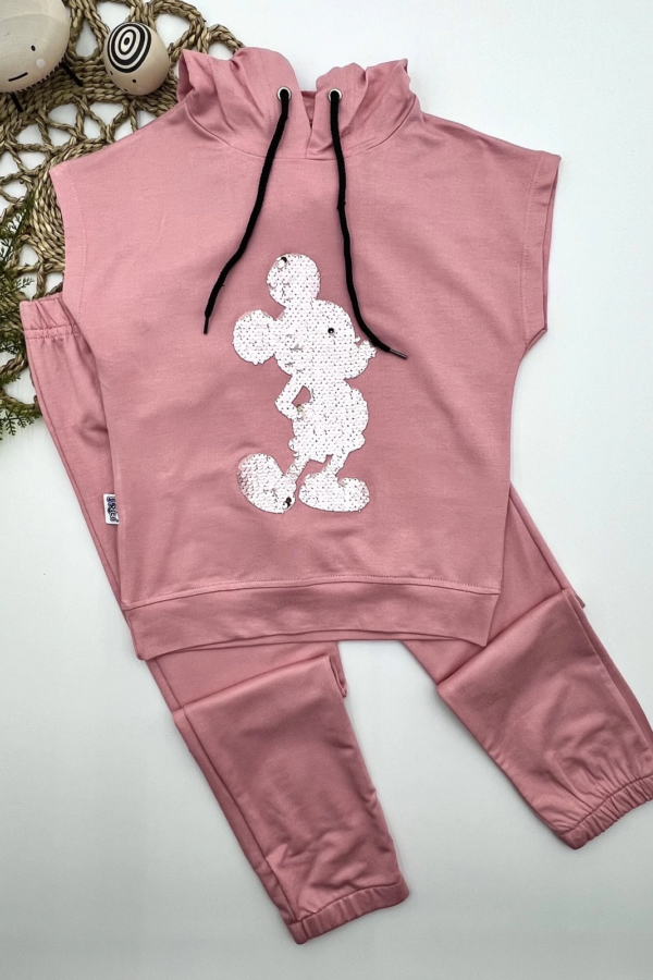 3-4-5 Yaş Kapşonlu Payetli Mickey Desenli Kısa Kol 2li Kız Erkek Çocuk Takımı Gül Kurusu