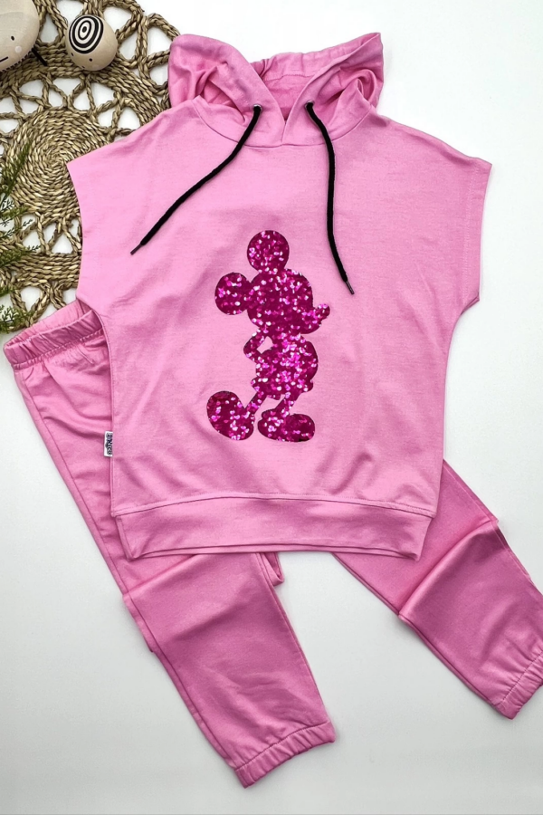 3-4-5 Yaş Kapşonlu Payetli Mickey Desenli Kısa Kol 2li Kız Erkek Çocuk Takımı Pembe