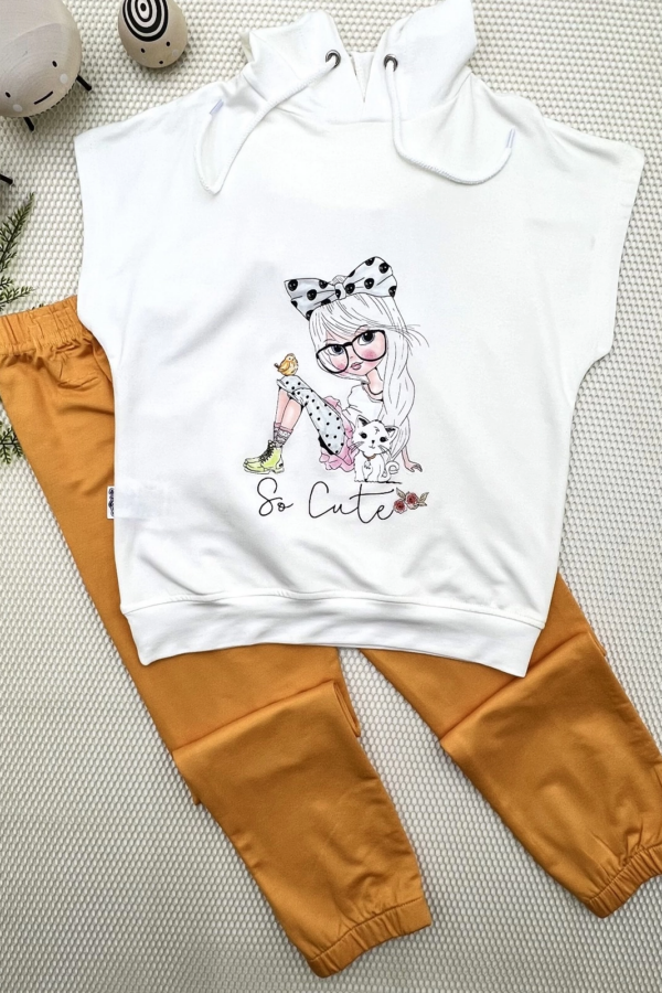 3-4-5 Yaş Kapşonlu Sevimli Kız Baskılı Kısa Kolu 2li Kız Erkek Çocuk Takımı Hardal