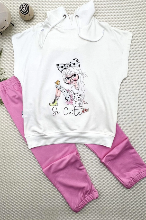 3-4-5 Yaş Kapşonlu Sevimli Kız Baskılı Kısa Kolu 2li Kız Erkek Çocuk Takımı Pembe