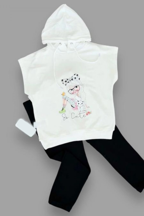 3-4-5 Yaş Kapşonlu Sevimli Kız Baskılı Kısa Kolu 2li Kız Erkek Çocuk Takımı Siyah