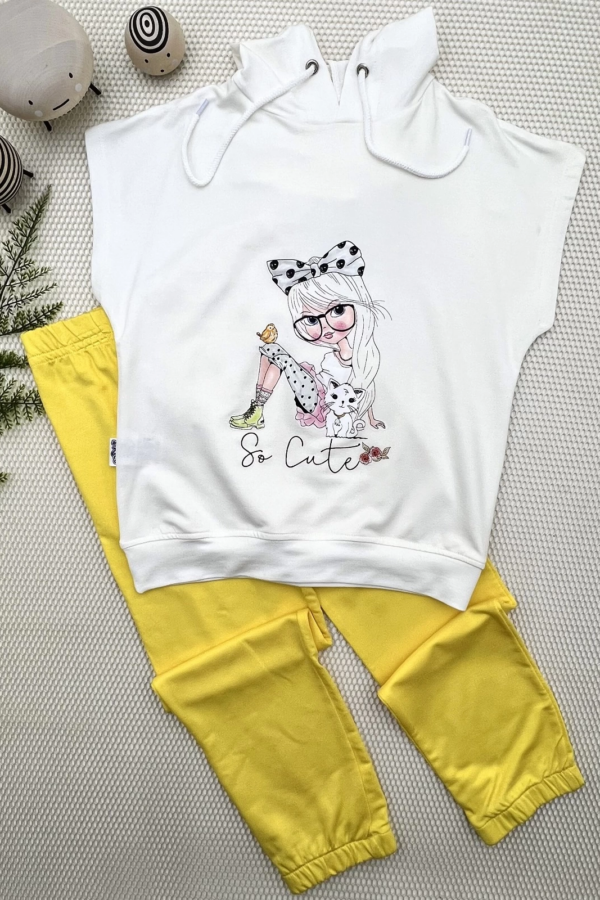 3-4-5 Yaş Kapşonlu Sevimli Kız Baskılı Kısa Kolu 2li Kız Erkek Çocuk Takımı Sarı