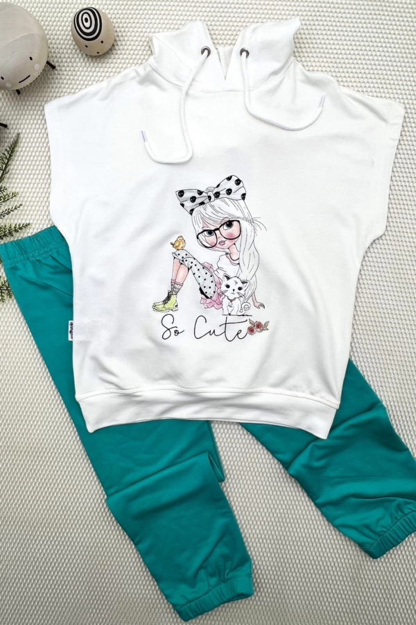 3-4-5 Yaş Kapşonlu Sevimli Kız Baskılı Kısa Kolu 2li Kız Erkek Çocuk Takımı Turkuaz