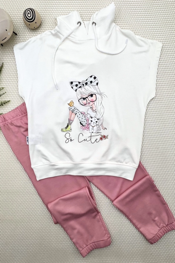 3-4-5 Yaş Kapşonlu Sevimli Kız Baskılı Kısa Kolu 2li Kız Erkek Çocuk Takımı Gül Kurusu