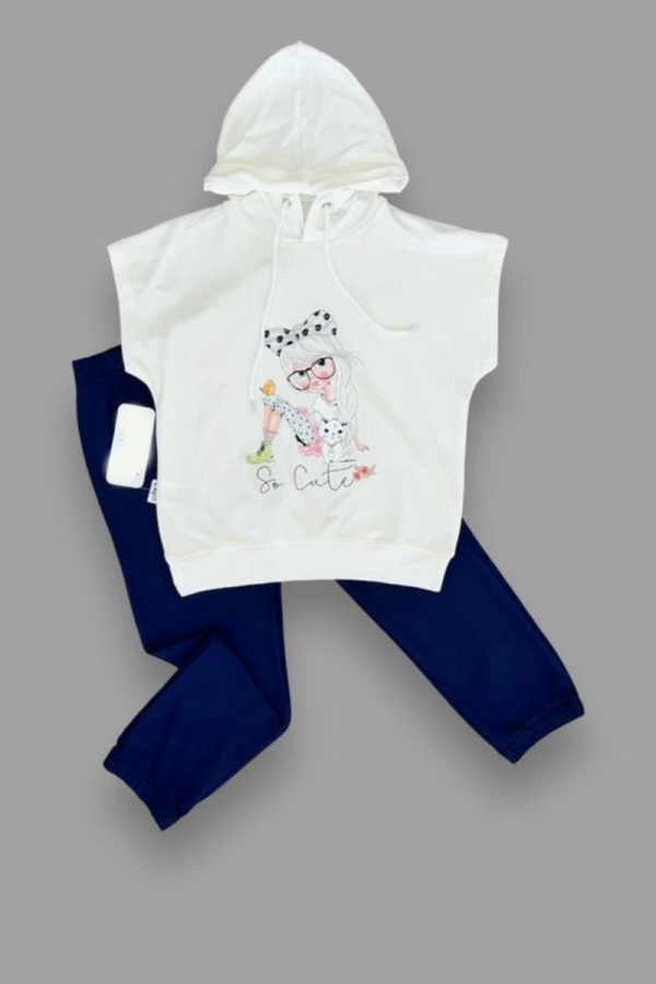 3-4-5 Yaş Kapşonlu Sevimli Kız Baskılı Kısa Kolu 2li Kız Erkek Çocuk Takımı Lacivert