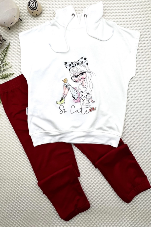 3-4-5 Yaş Kapşonlu Sevimli Kız Baskılı Kısa Kolu 2li Kız Erkek Çocuk Takımı Kırmızı