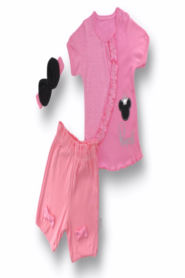 3-6 6-9 9-12 12-18 Ay Princess Taçlı Mickey Nakışlı Şort Tişört 3lü Kız Bebek Takımı Pembe