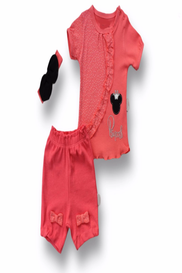 3-6 6-9 9-12 12-18 Ay Princess Taçlı Mickey Nakışlı Şort Tişört 3lü Kız Bebek Takımı Nar Çiçeği