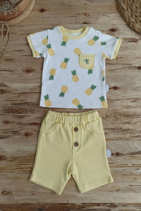 3-6 6-9 9-12 Ay Ananas Baskılı Şort Tişört 2 Li Kız Erkek Bebek Takımı Sarı