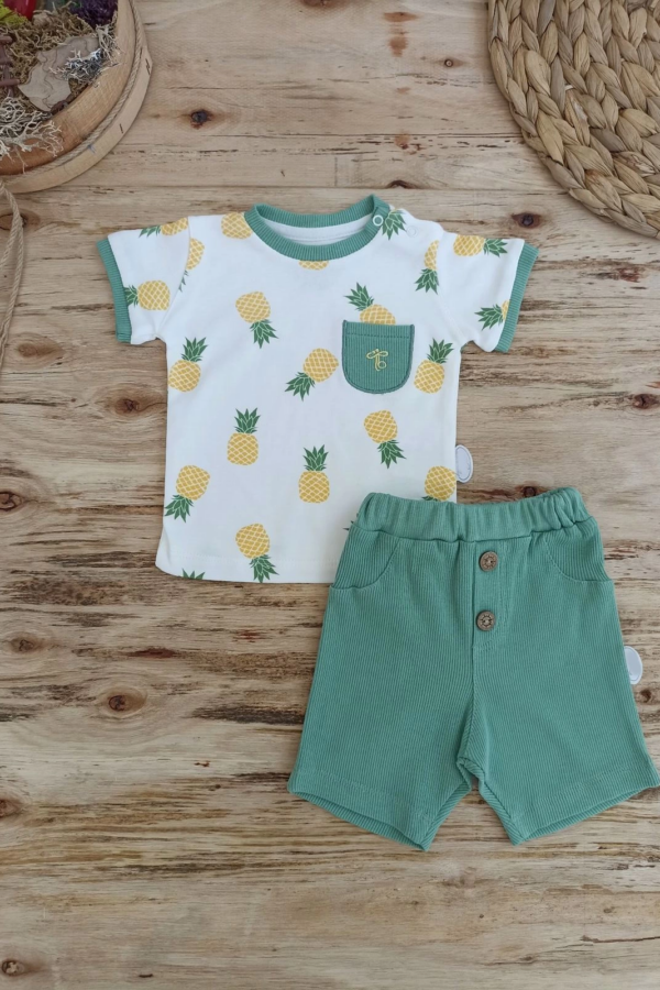 3-6 6-9 9-12 Ay Ananas Baskılı Şort Tişört 2 Li Kız Erkek Bebek Takımı Yeşil