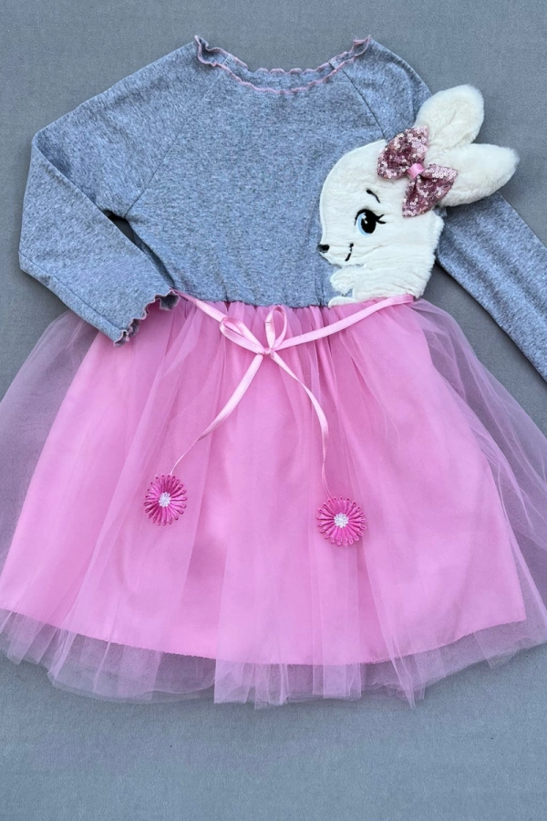 5-6-7 Yaş Pelüş Tavşan Desenli Kurdela Kuşaklı Astarlı Kız Çocuk Tütü Elbise Pembe