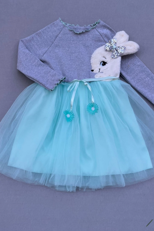 5-6-7 Yaş Pelüş Tavşan Desenli Kurdela Kuşaklı Astarlı Kız Çocuk Tütü Elbise Turkuaz