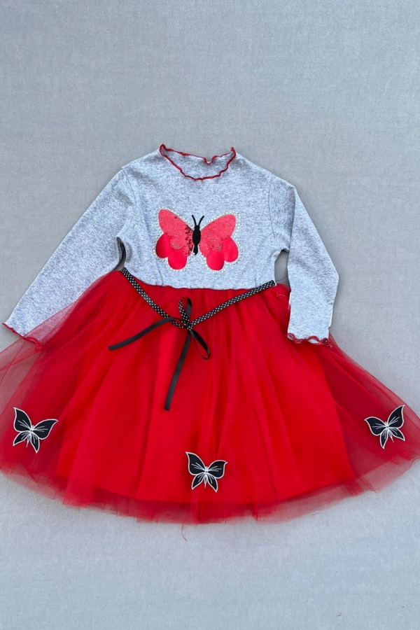 5-6-7 Yaş Taşlı Kelebek Desenli Kurdela Kuşaklı Astarlı Kız Çocuk Tütü Elbise Kırmızı