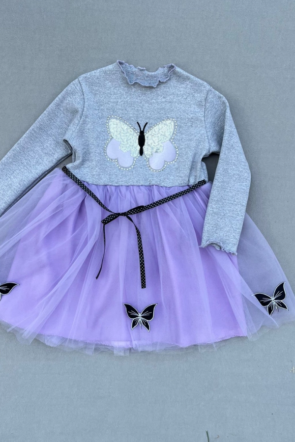 5-6-7 Yaş Taşlı Kelebek Desenli Kurdela Kuşaklı Astarlı Kız Çocuk Tütü Elbise Lila