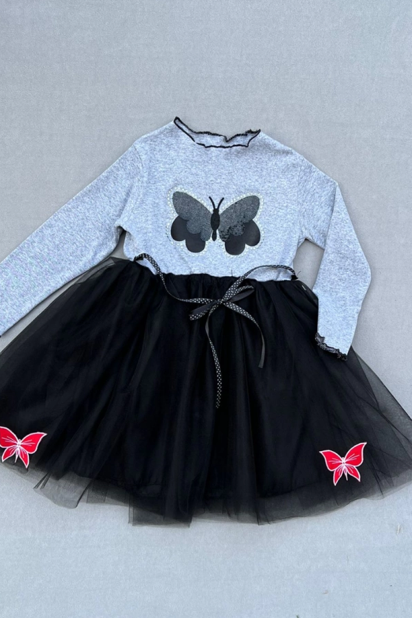 5-6-7 Yaş Taşlı Kelebek Desenli Kurdela Kuşaklı Astarlı Kız Çocuk Tütü Elbise Siyah