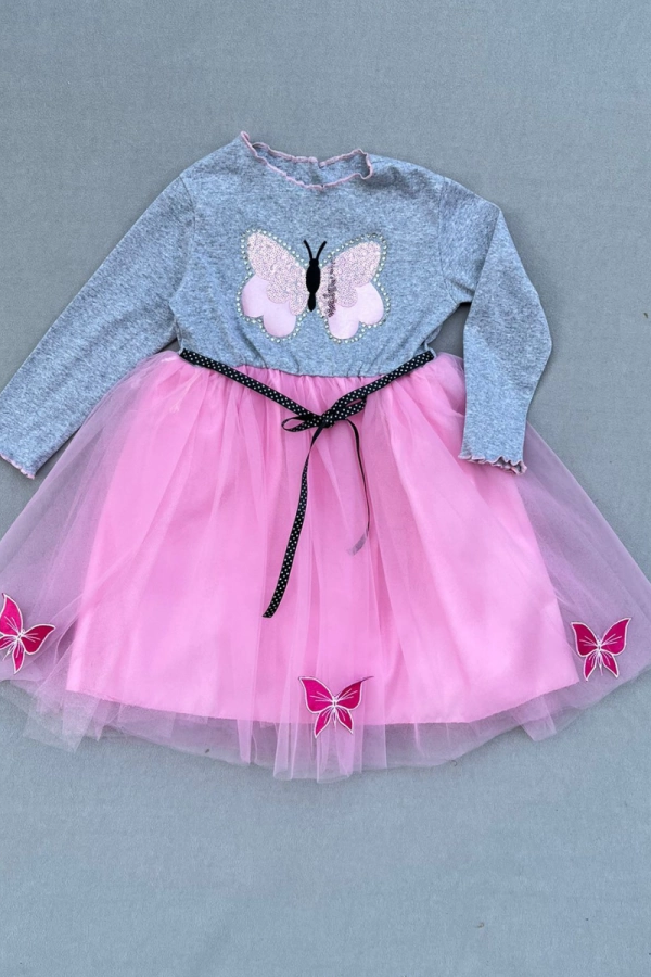 5-6-7 Yaş Taşlı Kelebek Desenli Kurdela Kuşaklı Astarlı Kız Çocuk Tütü Elbise Pembe