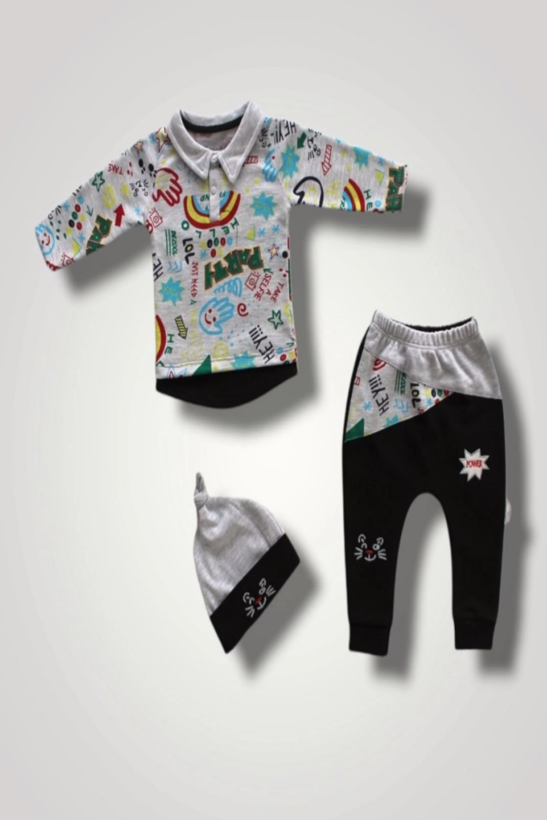 6-9 12-18 18-24 Ay Power Kedi Nakışlı Uzun Kollu Sweat Şapkalı 3lü Kız Erkek Bebek Takımı Siyah